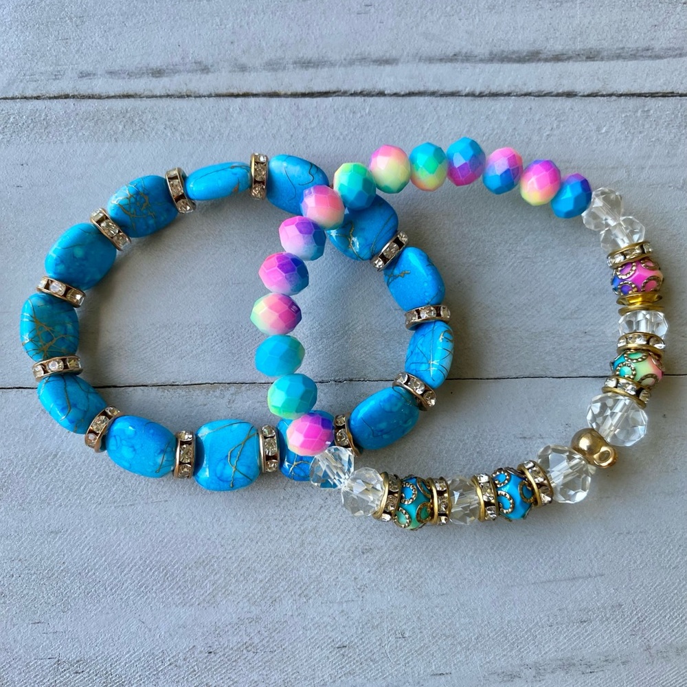 Two piece bracelet, multicolored bead bracelet, and blue bead bracelet